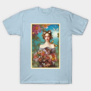 Painting of girl with roses and cat by Ziola Rosa - nature art deco rose T-Shirt